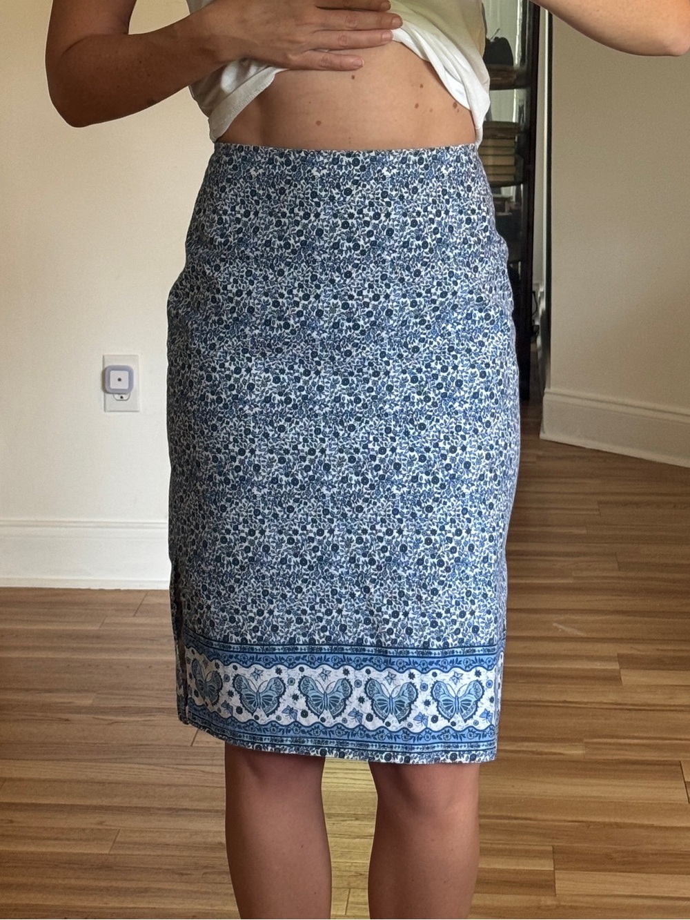 Vintage 90s y2k Blue Floral Midi Skirt with Butterfly Border